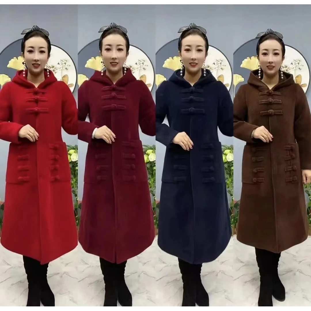 【反季清仓】秋季新款大盘扣连帽款秋冬中长款冬季大衣外套