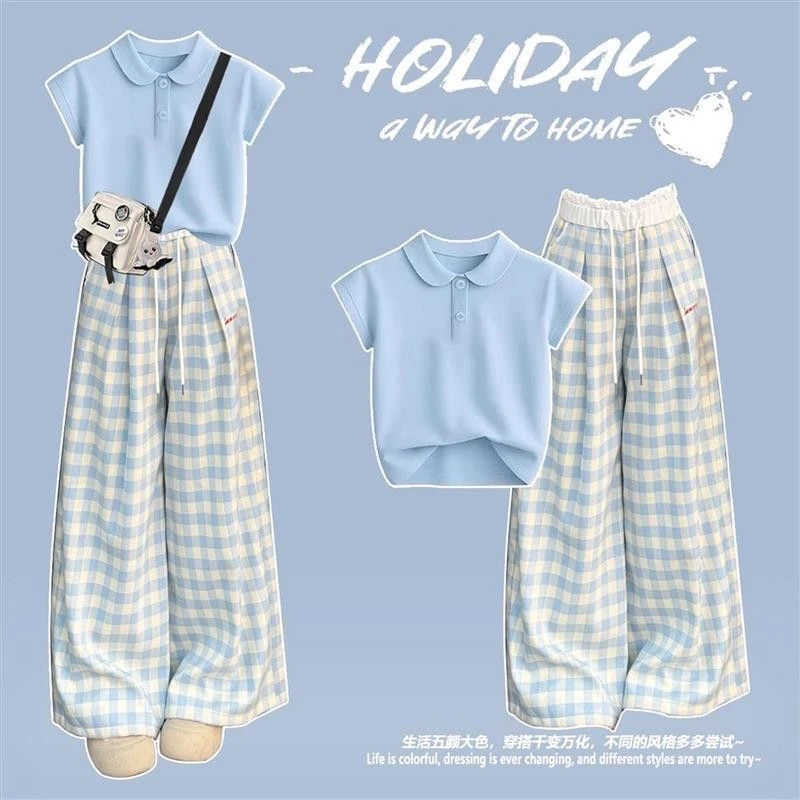 大童夏季阔腿格子裤套装2025青少年学院Polo领T恤蓝色休闲两件套