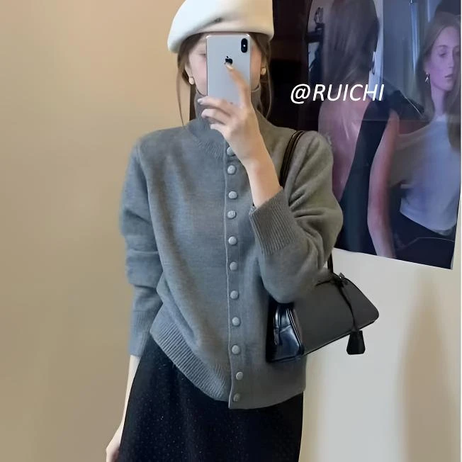 韩系2025秋冬新款高领插肩袖纯色基础长袖高级针织开衫上衣外套女