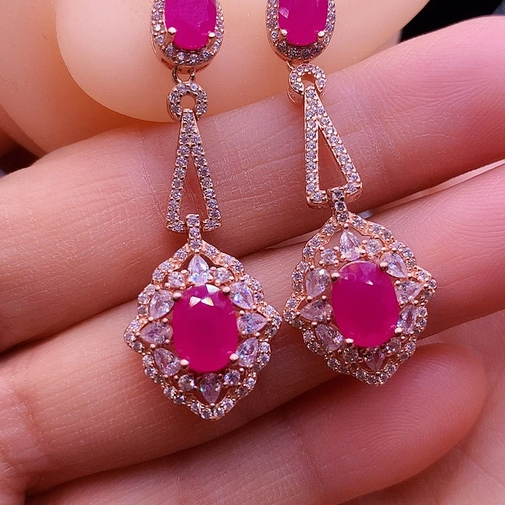 红宝石耳饰银S925镶嵌