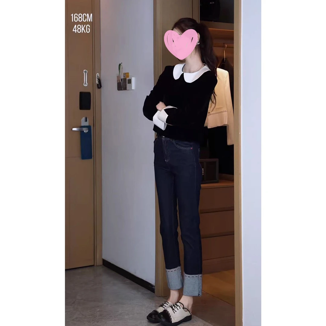 法式小香风时髦娃娃领衬衫女秋季美式港风时髦复古牛仔裤女两件套