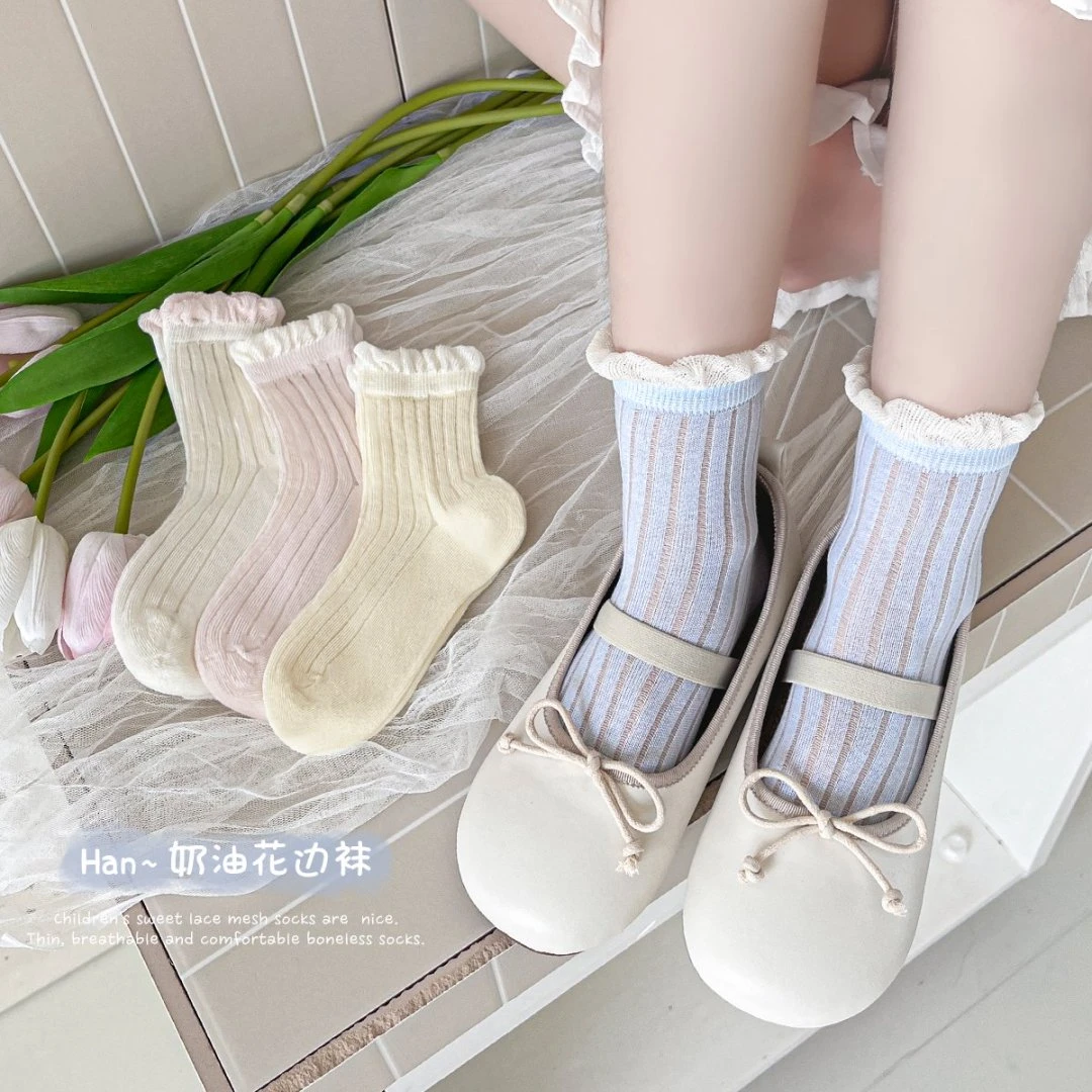 女童袜子薄款夏季超薄无骨网眼韩系奶油花边袜棉袜短袜堆堆袜