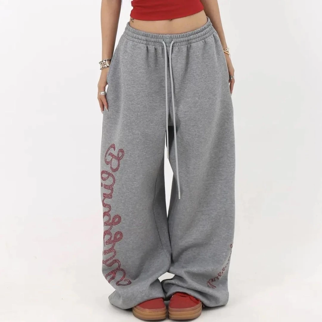 纯棉毛圈美式复古慵懒垂感抽绳卫裤宽松休闲阔腿直筒百搭长裤