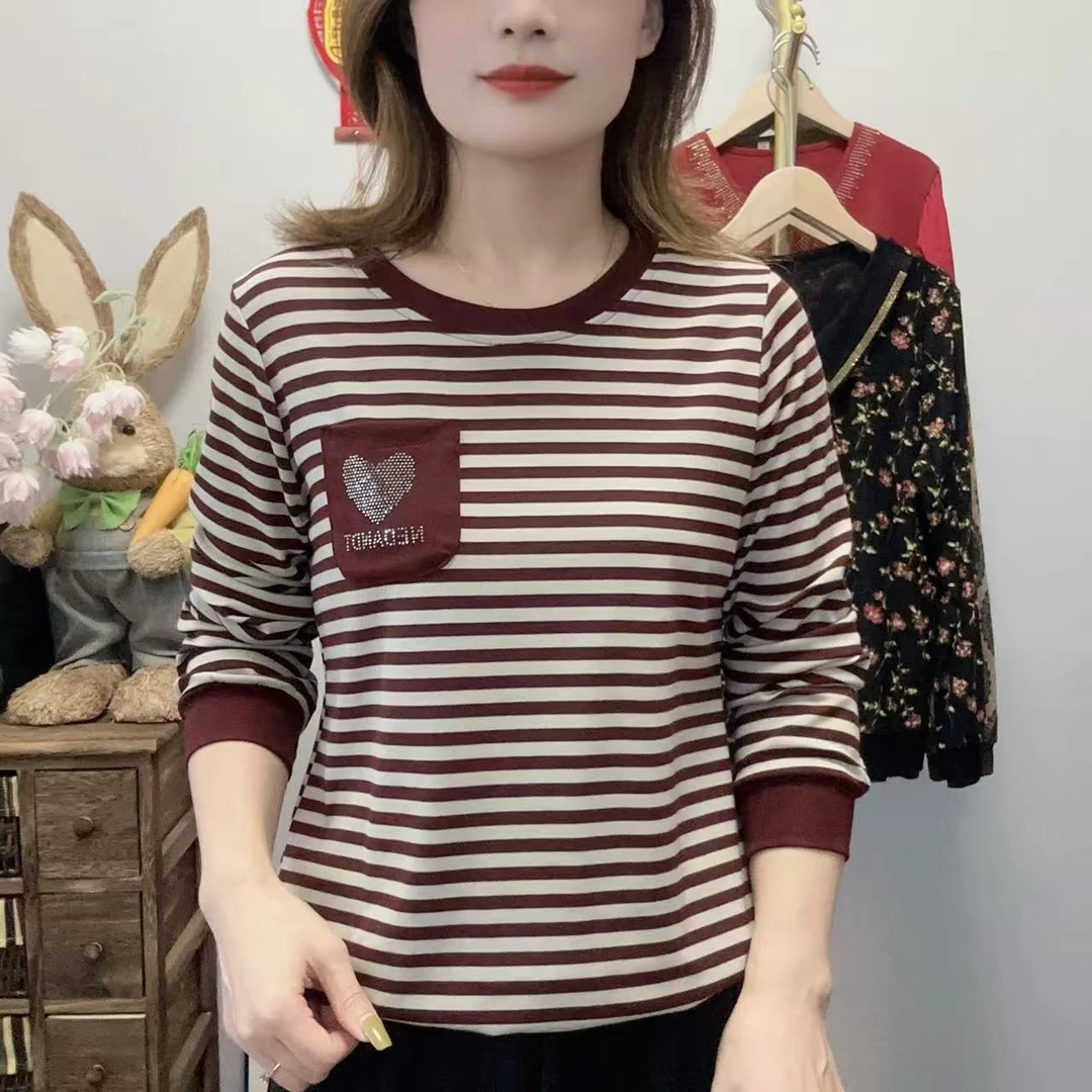 【丽姐家】春秋妈妈装圆领条纹中老年女装百搭条纹宽松极简风圆领
