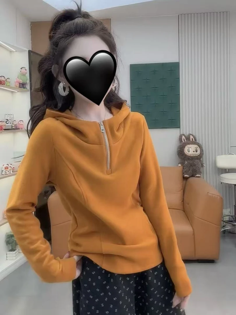 秋季加厚保暖个性百搭大码上衣橘色拼接拉链连帽长袖卫衣女482261