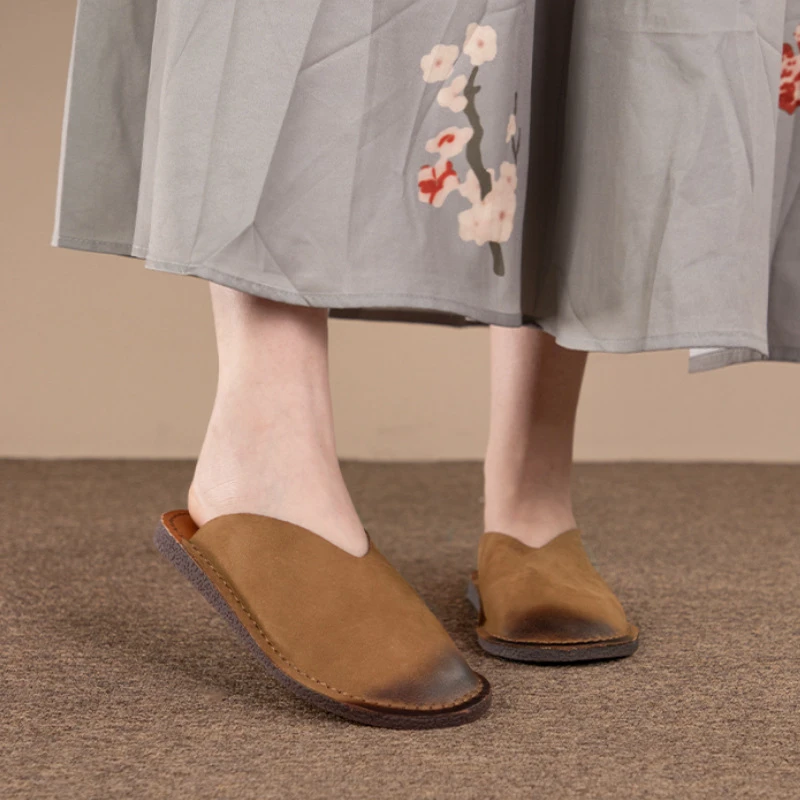 复古包头真皮拖鞋女款出行外穿平底凉拖磨砂牛皮夏季透气半拖现货