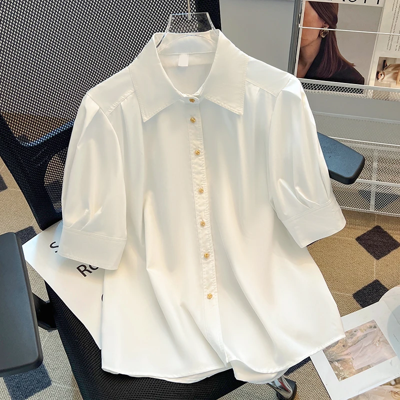 法式高端泡泡袖白色衬衫女短袖2025年夏季新款时尚气质polo领上衣
