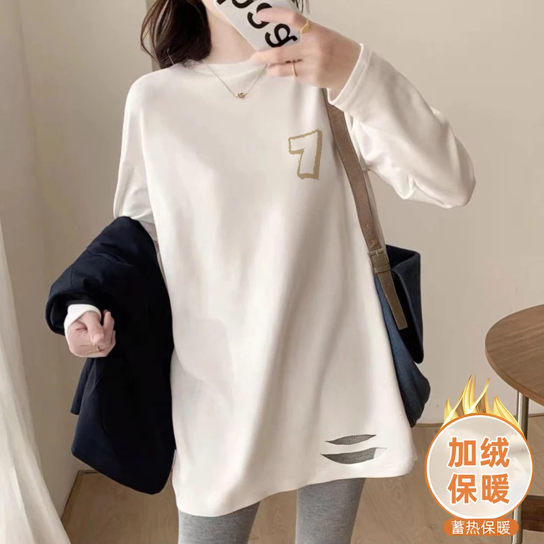 微胖女生鲨鱼裤上衣175高个子遮屁屁加长大码长袖t恤女纯棉打底衫
