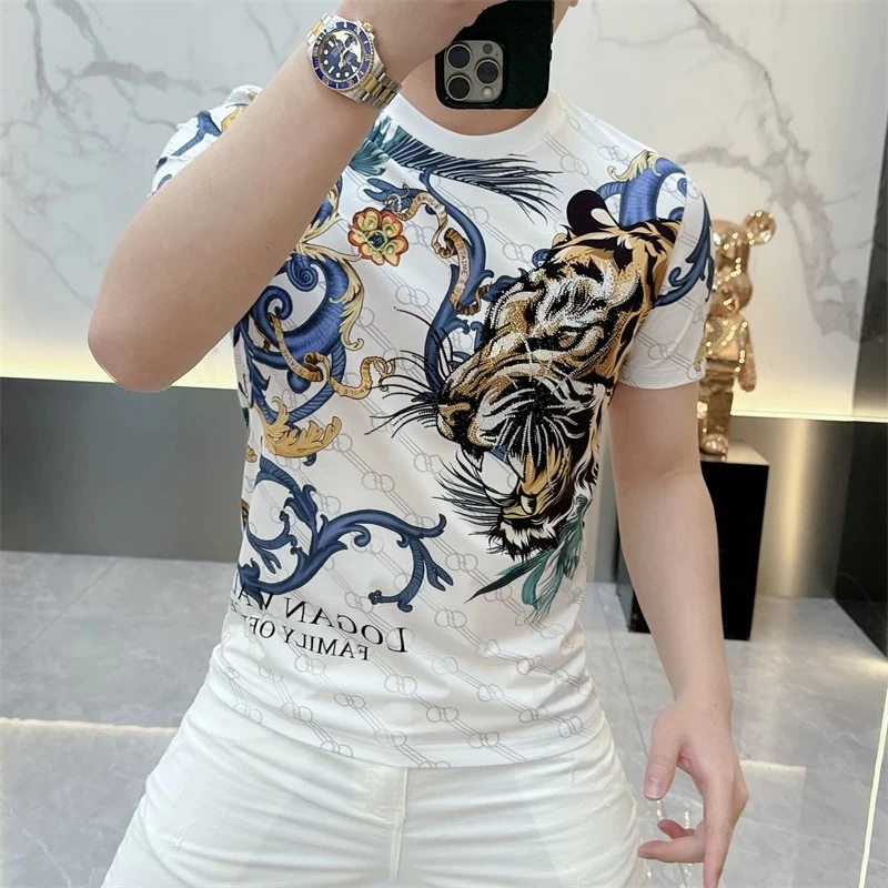 2025年夏季新款男士圆领短袖T恤潮流修身热转印老虎男士网红短袖