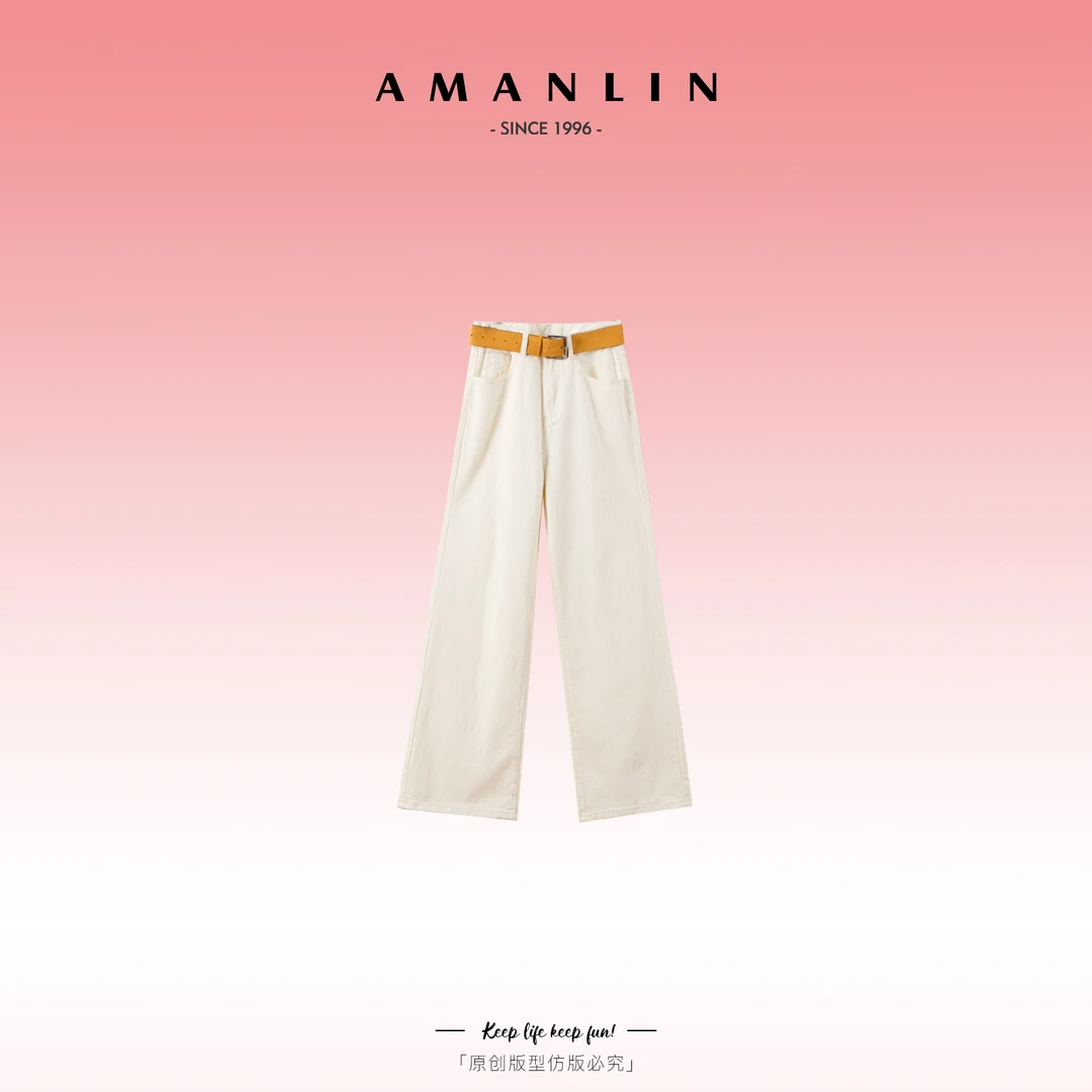 AMANLIN/阿谩琳欧若风显瘦高腰直筒纯色百搭小众牛仔裤女Y595798