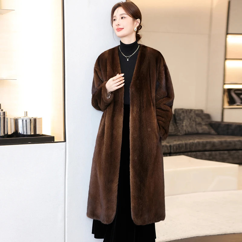 正品海宁水貂皮青果领女抽褶V领咖色系长款极简风M落肩袖中长款