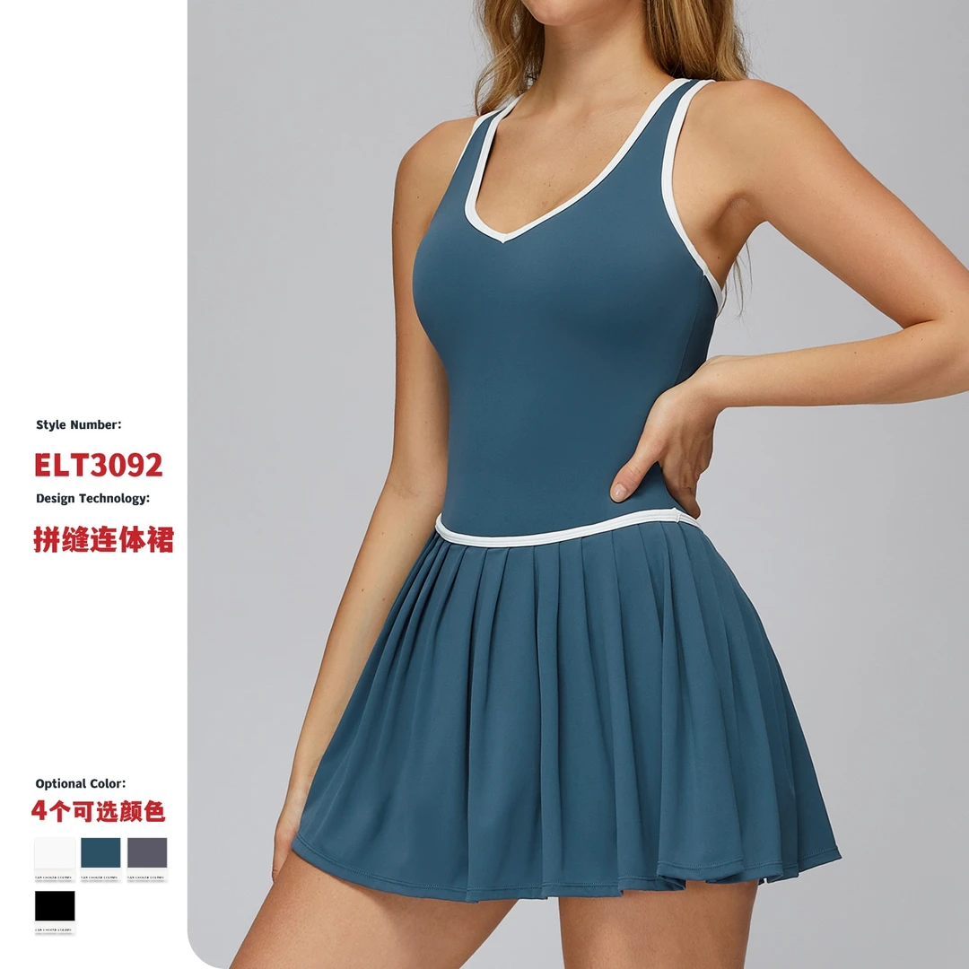 裸感假两件运动连衣裙防走光打底户外跑步健身网球裙女夏3092