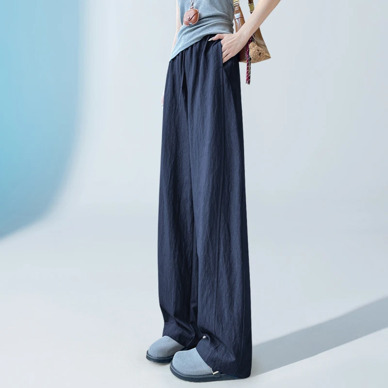 加长藏蓝色冰丝速干阔腿弯刀裤女高个子休闲宽松镰刀裤2025夏季薄