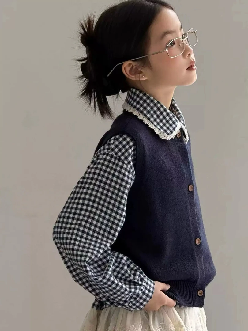 099-沫弛尔2025格子秋季套头春秋拼色套装复古马甲衬衣