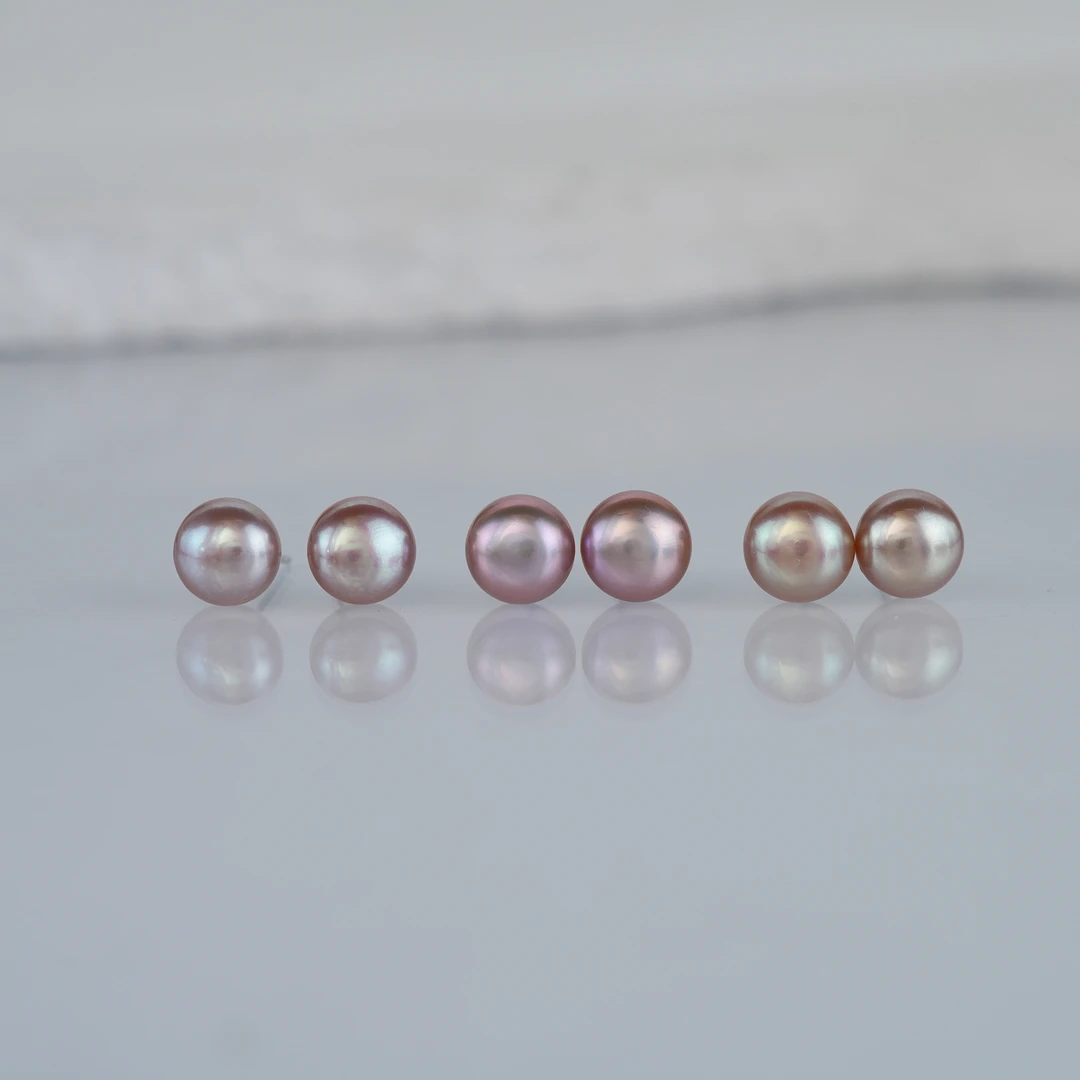 紫色淡水珍珠胖圆耳钉7-8mm银S925-多样性发货1