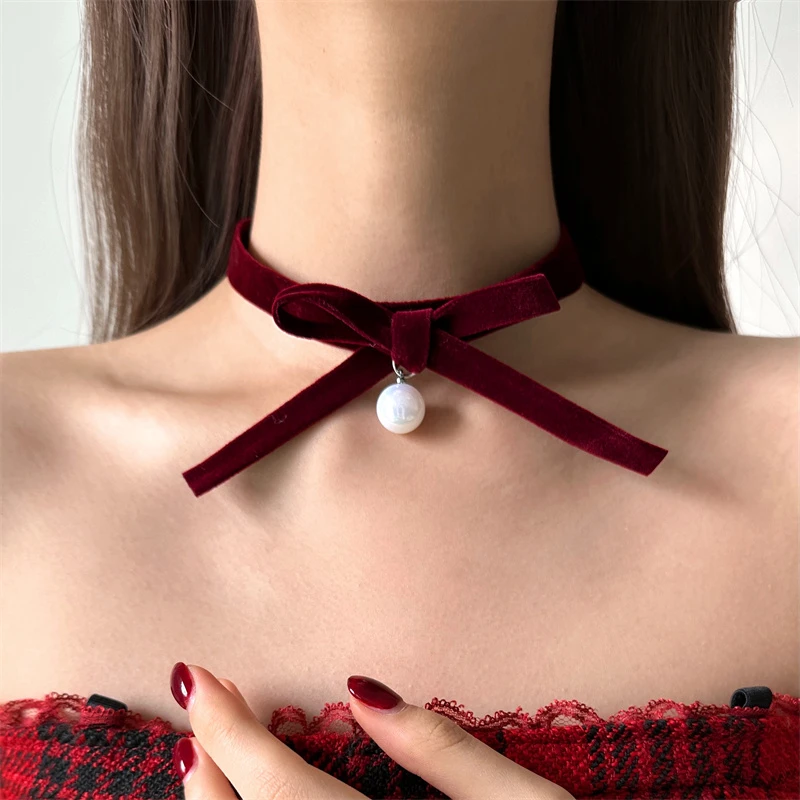 非金属布艺项链 X6179-1甜美秋冬红色丝绒蝴蝶结choker项链气质