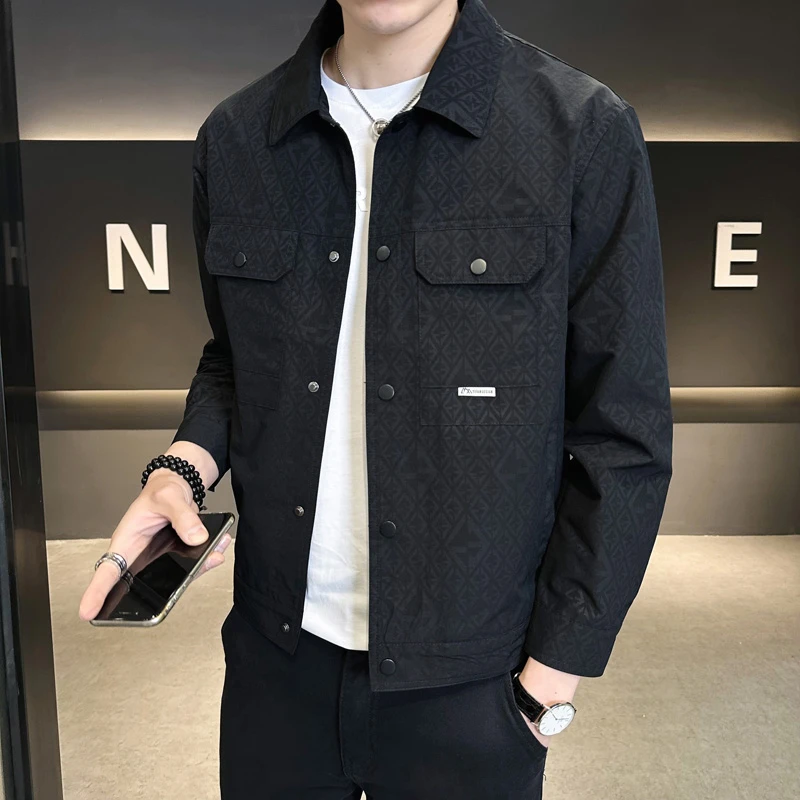 埃卢涅芬男士秋季外套新款青年高端暗花翻领夹克轻熟风薄款衣服潮