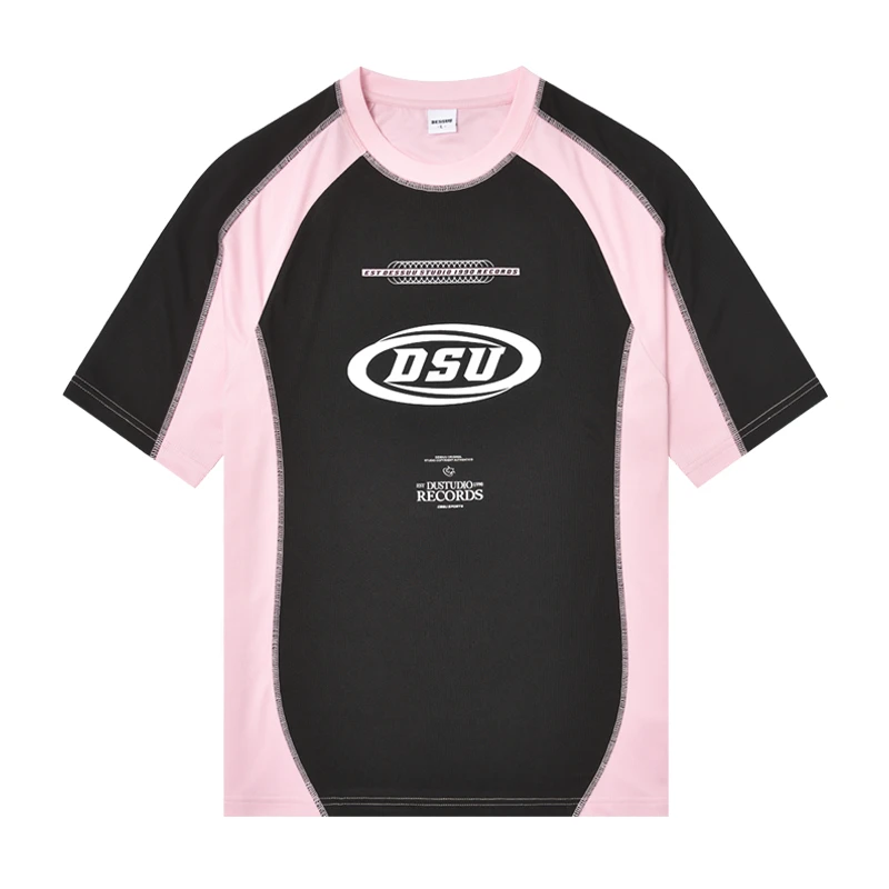 夏季粉黑撞色拼接网眼透气短袖T恤女Blokecore透气凉爽上衣