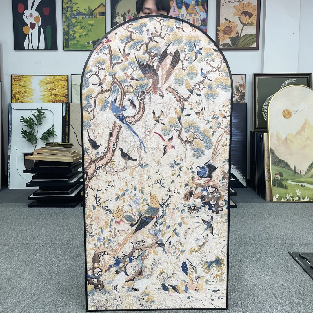 砂岩BB现代法式轻奢花鸟祥和玄关装饰画高级感拱形艺术壁画70140