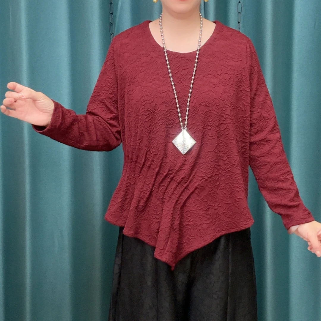 新款圆领时尚百搭复古提花不规则短版洋气小衫