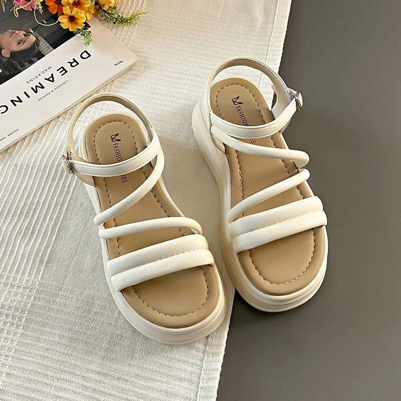 胶粘凉靴百搭仙女风罗马鞋罗马凉鞋露趾新款厚底夏季平底女鞋时尚