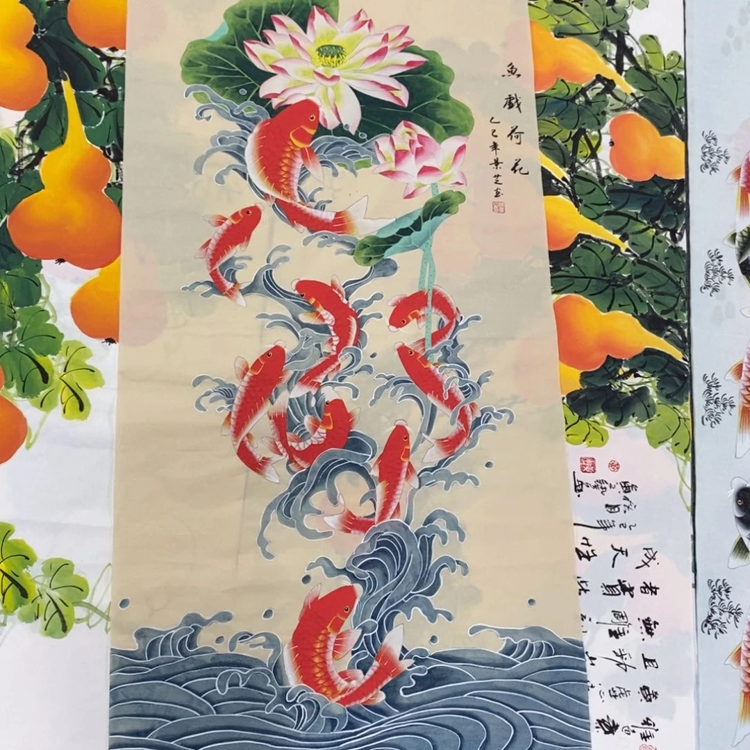国画聚****I尺寸140✖️70四尺手绘工笔九鱼图