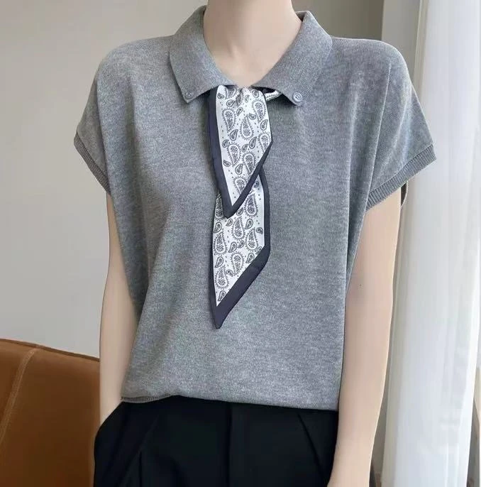 夏季休闲毛针织衫polo短袖衬衫飞飞袖薄款翻领无袖