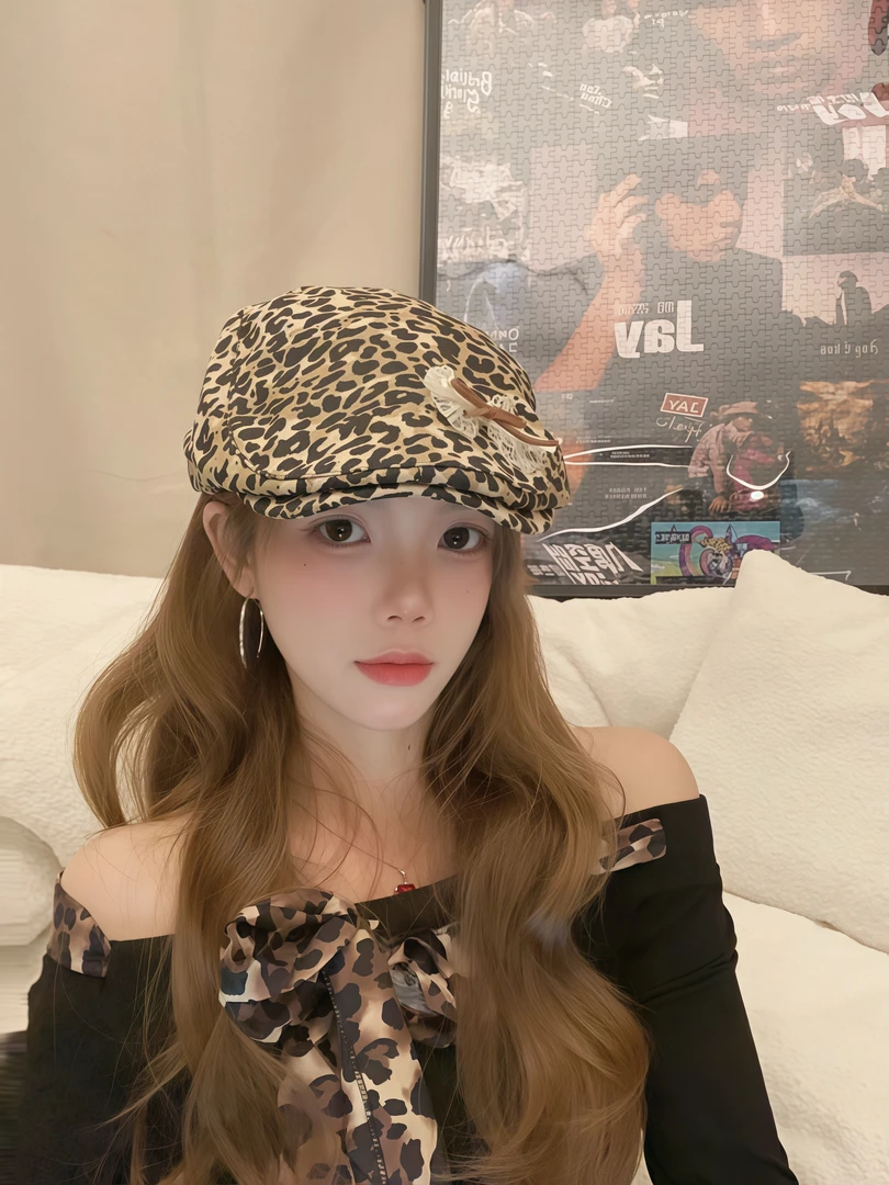 小众设计ins蝴蝶结复古豹纹前进帽Y2K甜酷辣妹显脸小百搭贝雷帽