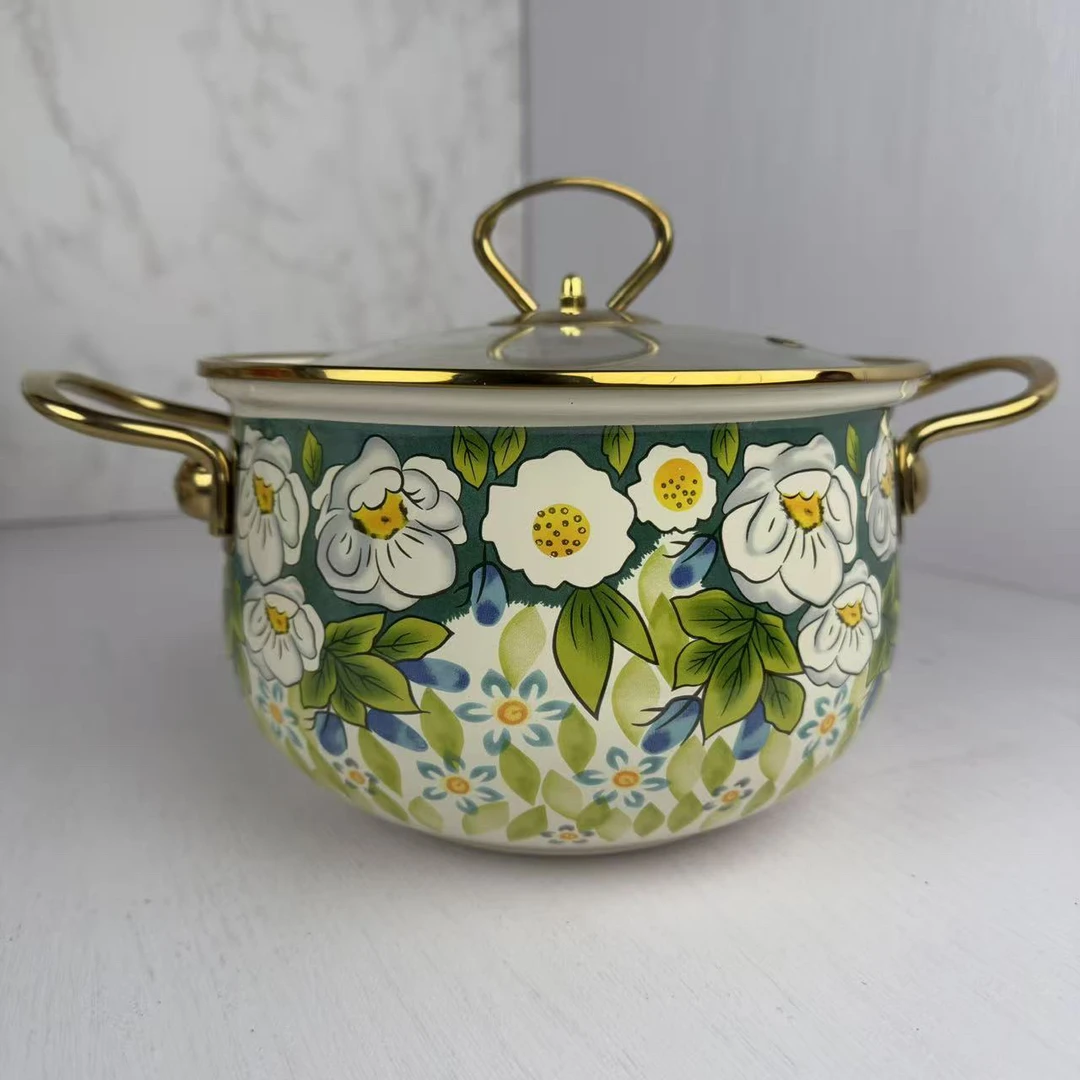 20cm【白绿花】搪瓷珐琅汤锅金边玻璃盖电磁炉明火通用