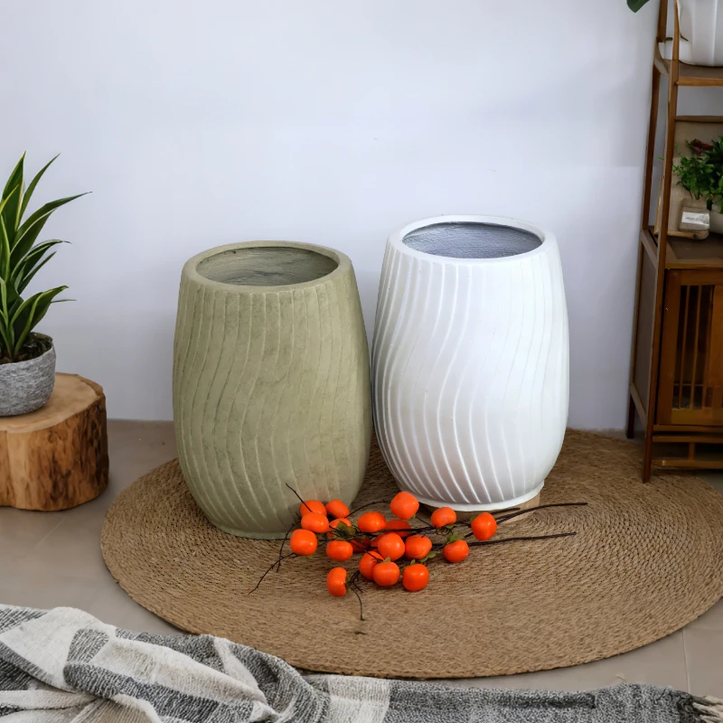 景观园林别墅落地大号镁泥花盆简约北欧风螺旋花纹创意绿植摆件