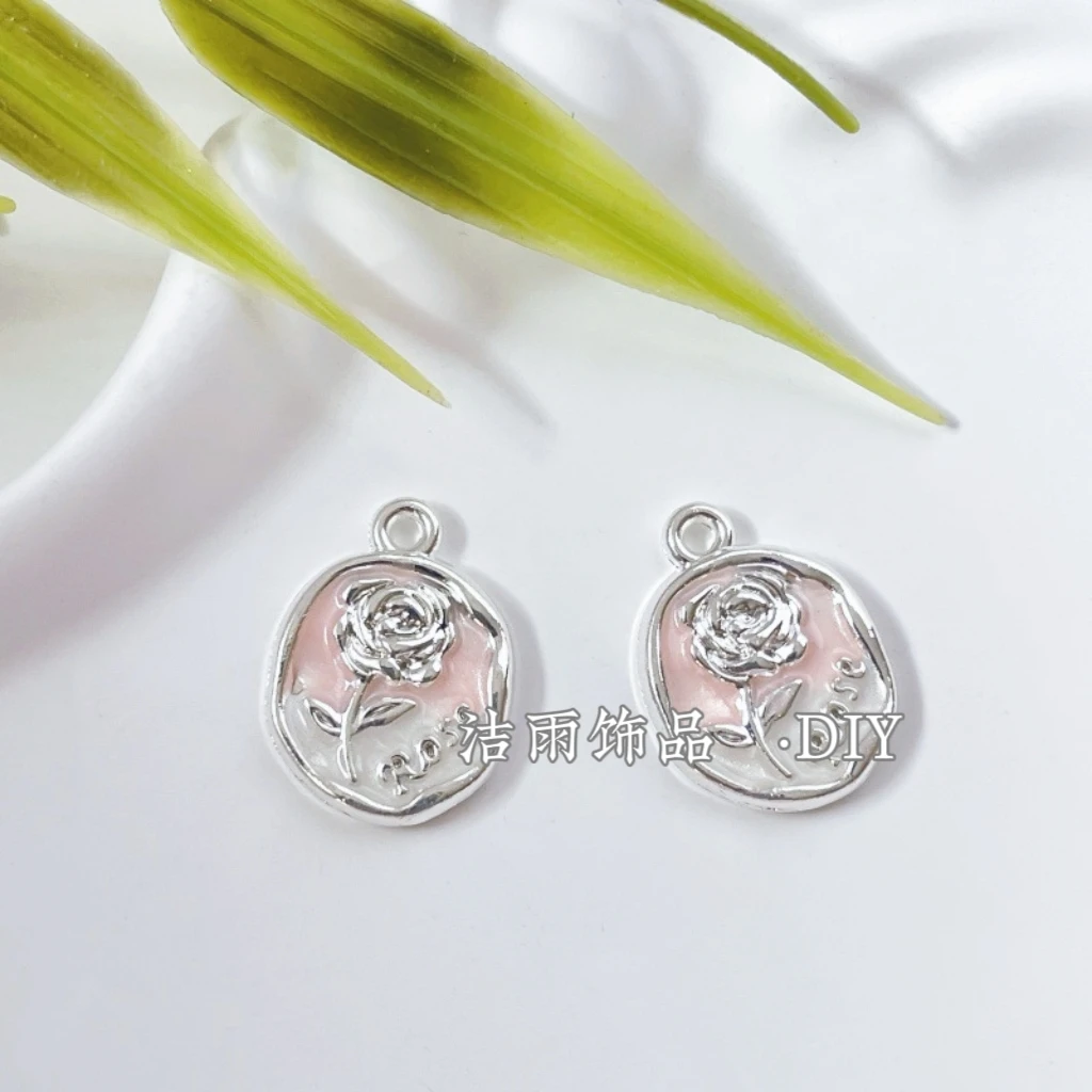 (洁雨饰品 DIY)  P665  “玫瑰花牌”  银粉色rose玫瑰挂坠diy配件