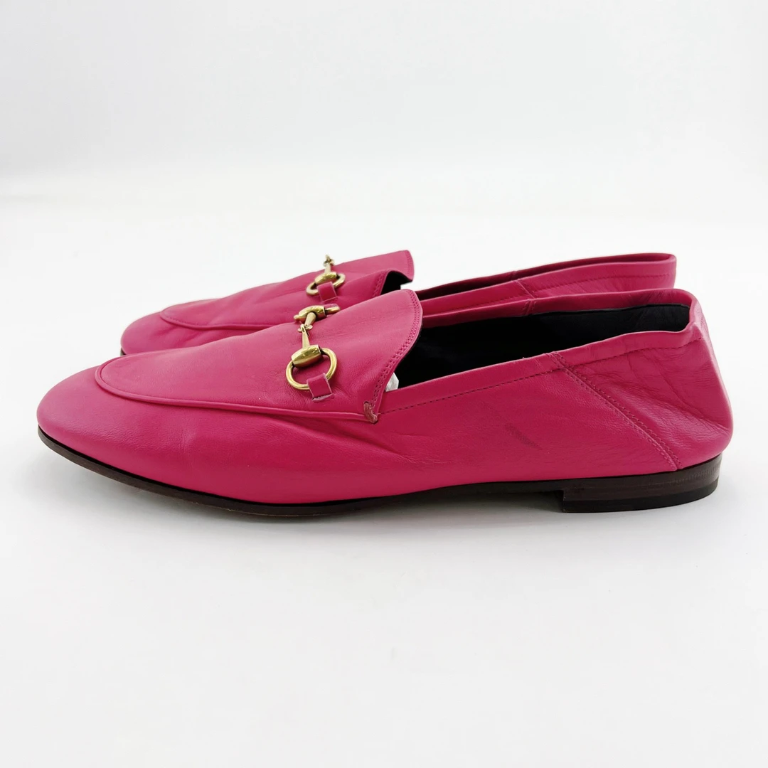 95新 GUCCI/古驰 39码/玫红色马衔扣一脚蹬乐福鞋/16037795