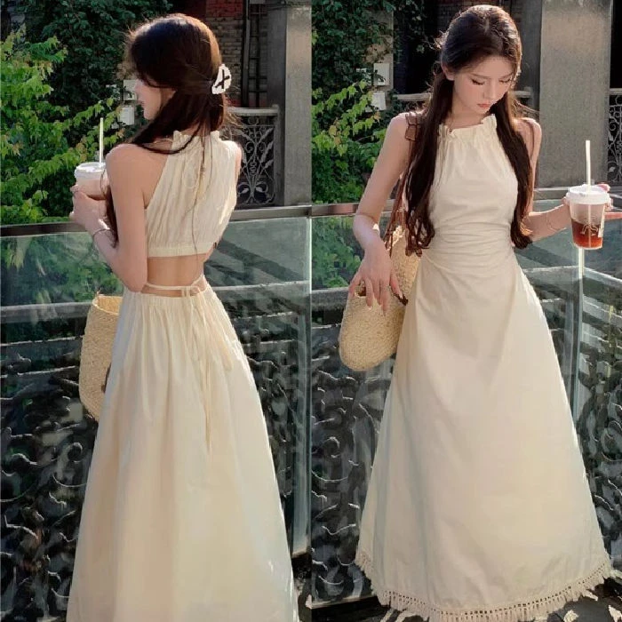 新款系带度假显瘦法式收腰夏季设计露腰吊带连衣裙无袖裙子中长裙