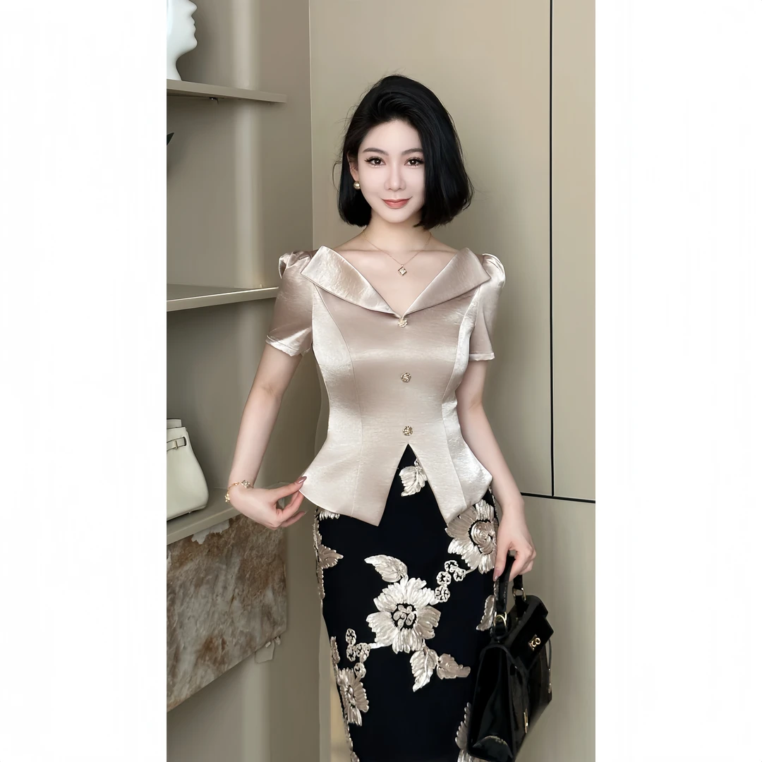 格娜夏季新款法式轻奢缎面短袖套装绣花纱裙优雅高级感穿搭一整套
