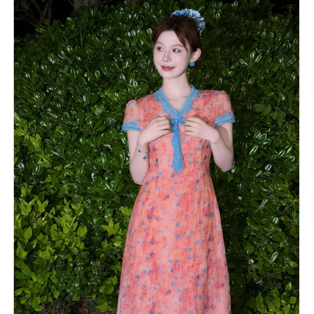 美静在这【100%苎麻】刺绣扎染碎花连衣裙夏季压褶粉色长裙xmzh7368