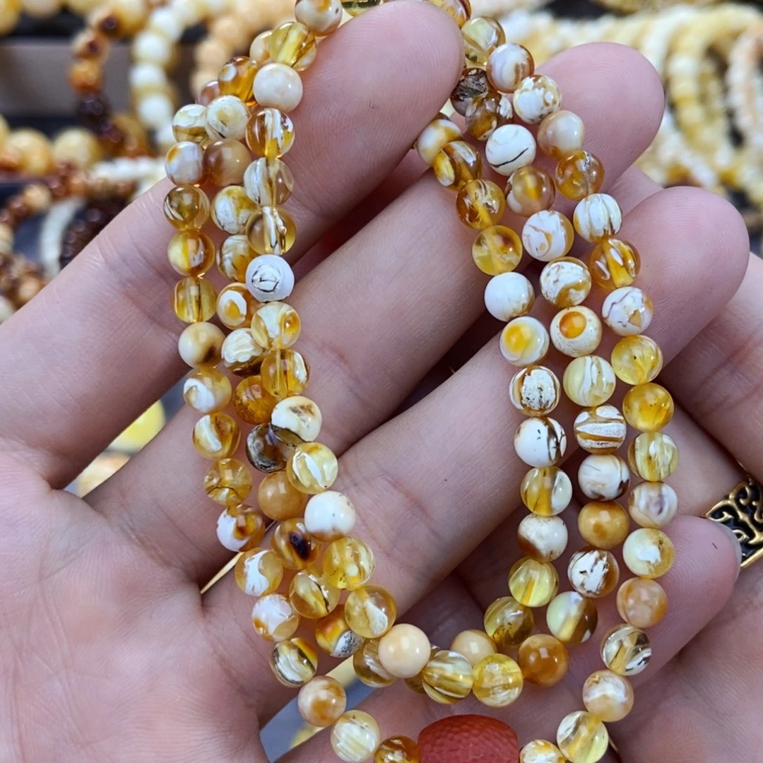 琥珀未镶嵌手链5+mm金漆白沁色拉丝