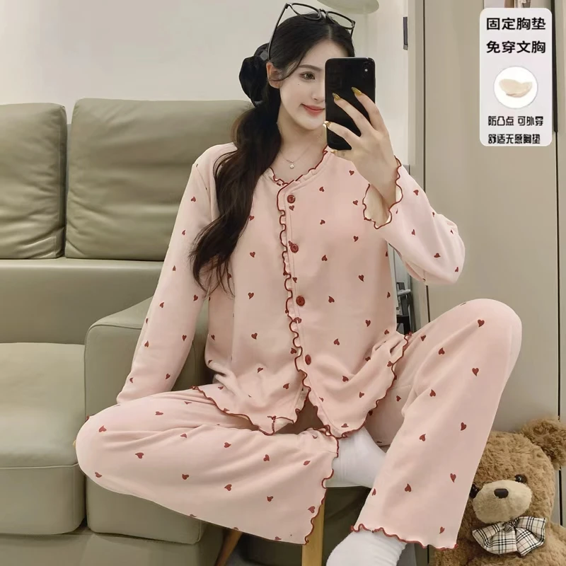 秋冬款粉色树莓爱心长袖睡衣带胸垫女加厚羊绒外穿保暖家居服套装