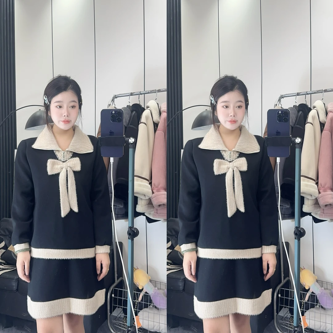 韩系休闲风蝴蝶结洋气上衣半身裙秋冬显瘦减龄气质两件套女装套装