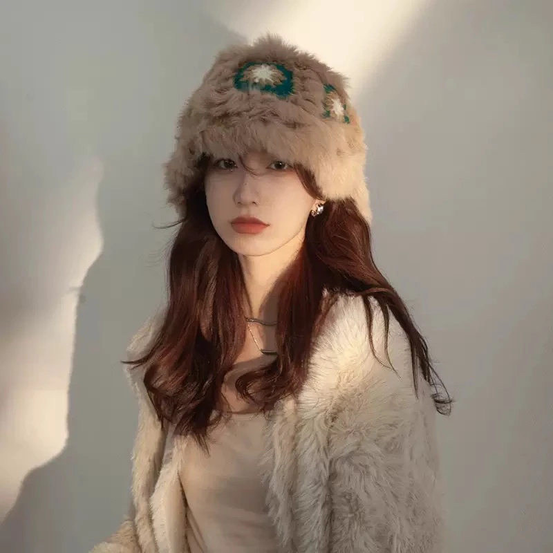 兔毛醒狮帽子女秋冬可爱保暖毛绒渔夫帽百搭显脸小水桶毛茸茸盆帽