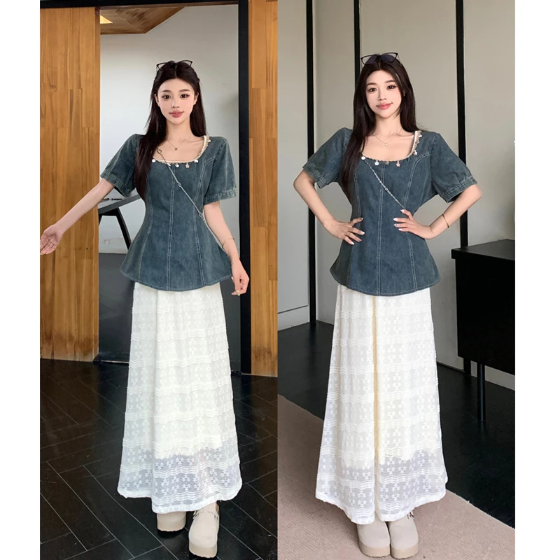 大码夏季设计感方领花边领牛仔收腰显瘦上衣蕾丝半身裙洋气穿搭