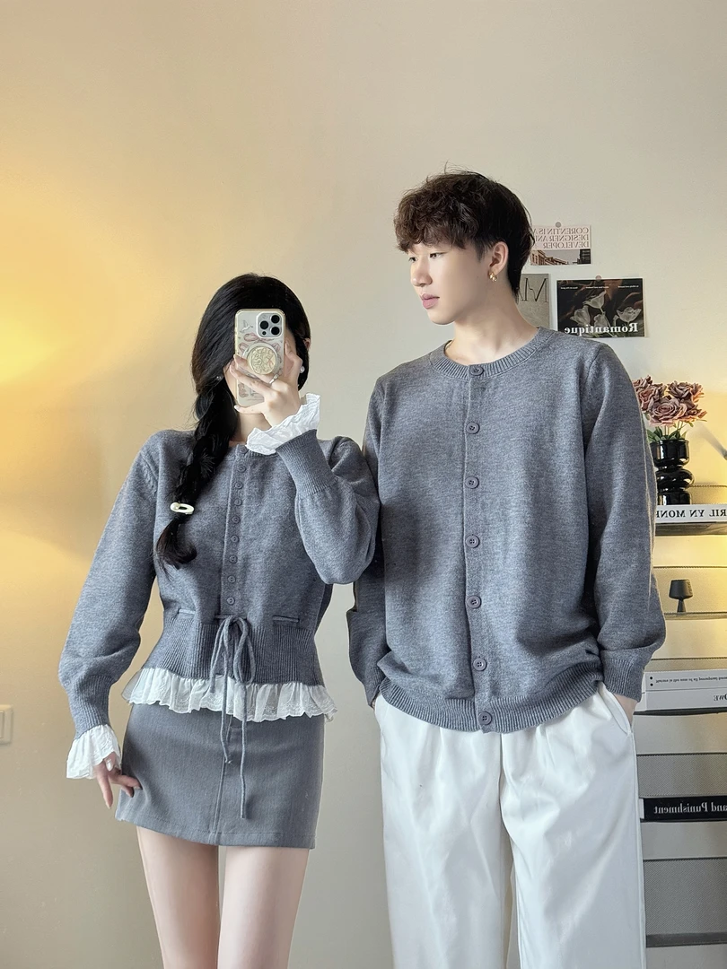 情侣装秋冬韩版蕾丝拼接针织通勤短款毛针织衫宽松开衫毛衣