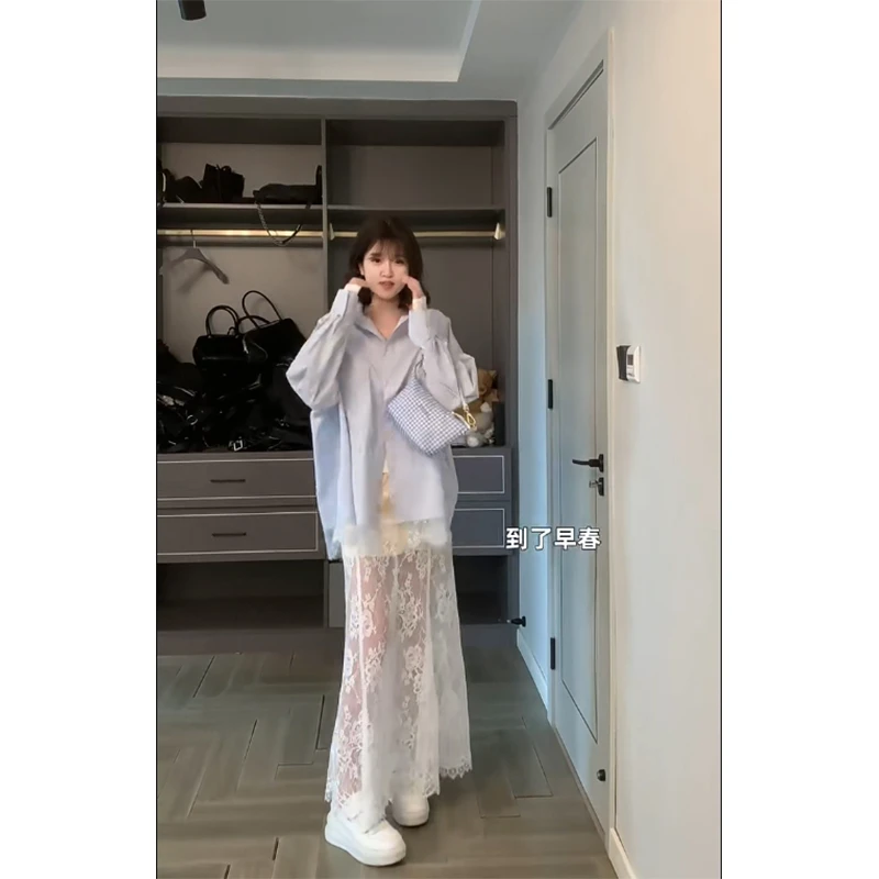 2025春季新款时尚白色内搭百搭蕾丝衬衫女高腰显瘦长款蕾丝半身裙