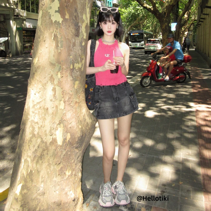 PHORM春夏辣妹牛仔短裤高腰多口袋时尚百搭裙裤N26413436