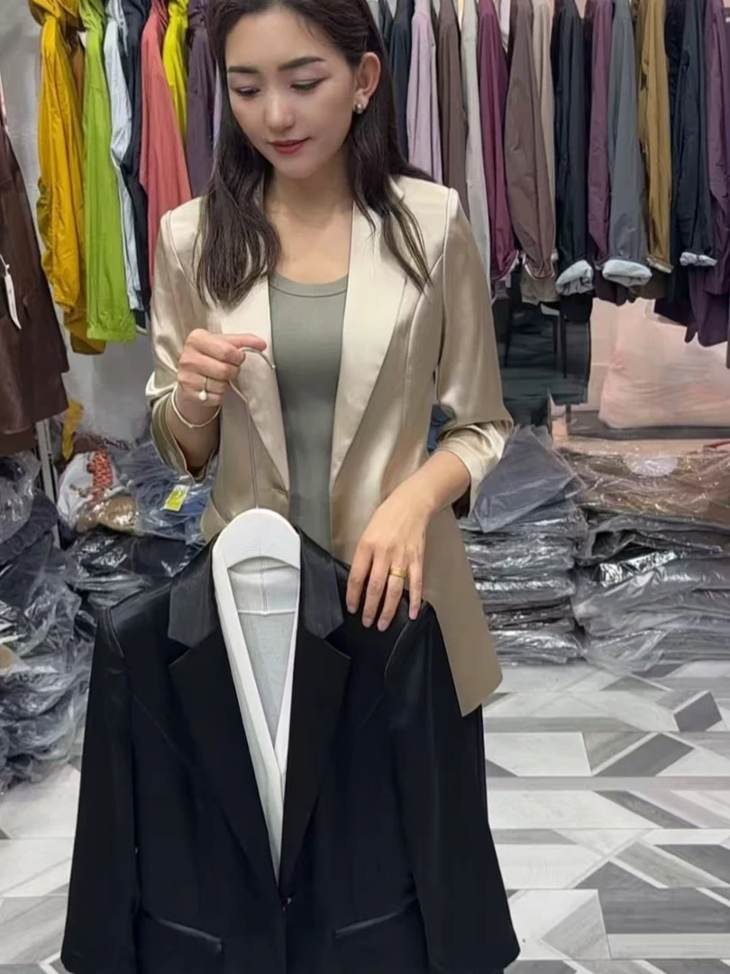 女士醋酸缎面翻领长袖西装外套夏季时尚气质纯色修身款