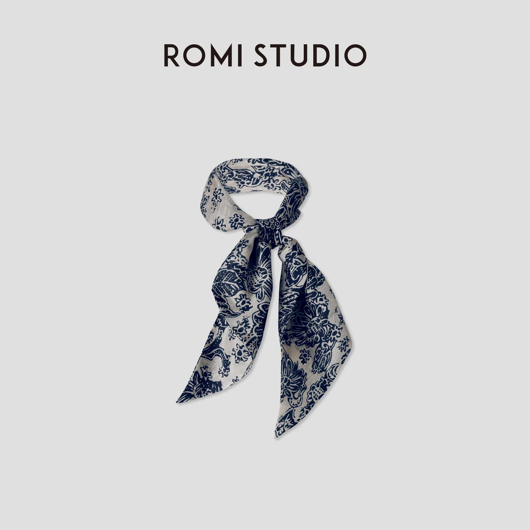 ROMI STUDIO“儒雅之间”8姆米花卉印花手工挑边长丝巾 428D7002