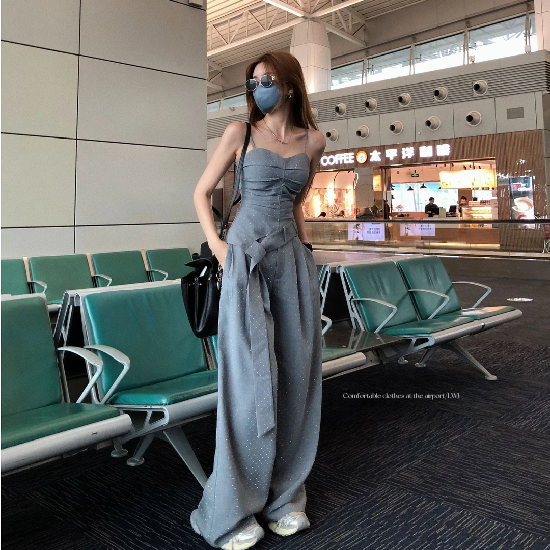 婉君W【银色星河裤子】高级感气质烫钻阔腿中式裤子LWJ24B2TZ1232