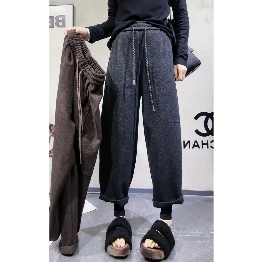 艾塔莉双色百搭休闲裤毛呢冬季厚款松紧腰拼接窄版显瘦宽松直筒裤