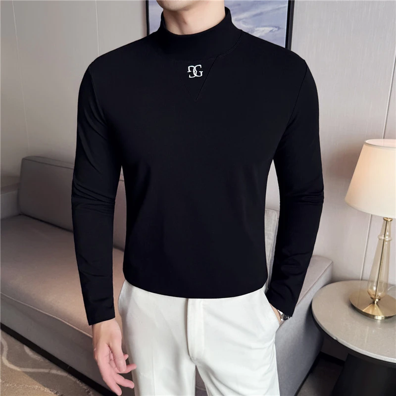 气质亲肤裸感男士紧身打底衫秋冬季新款潮牌字母刺绣修身中领内搭