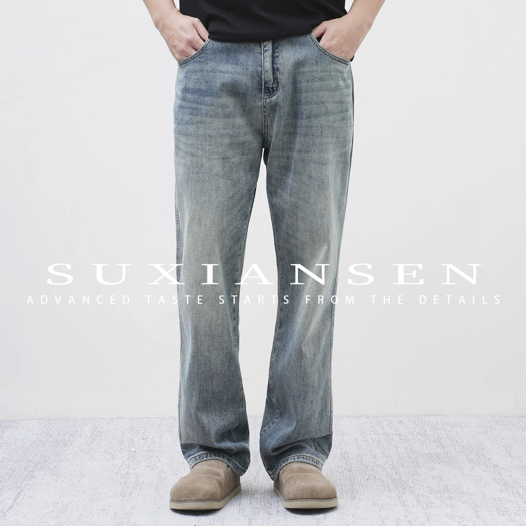 【大头叔叔】猫须马骝复古做旧水洗结构口袋休闲直筒牛仔裤 DD1078