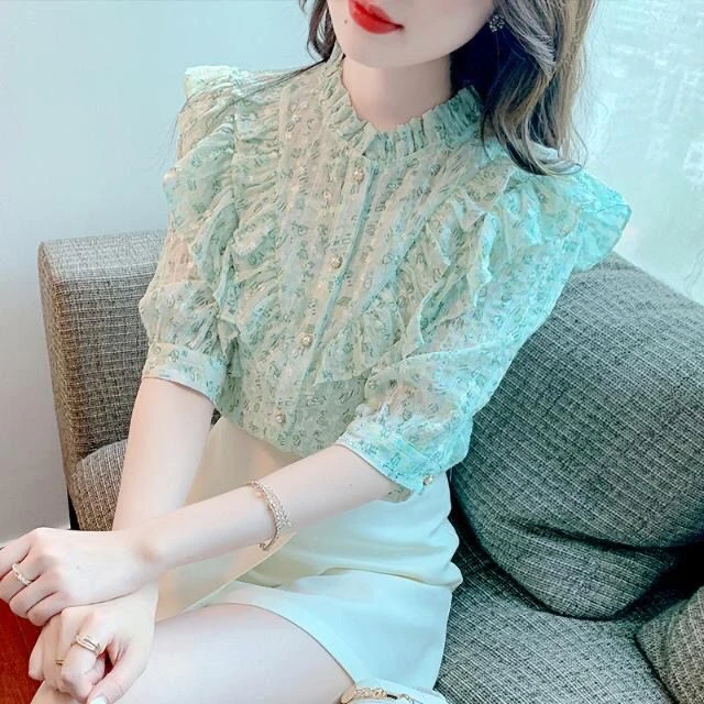 夏季短袖衬衫女装2025年新款洋气别致小衫高级感碎花上衣甜美